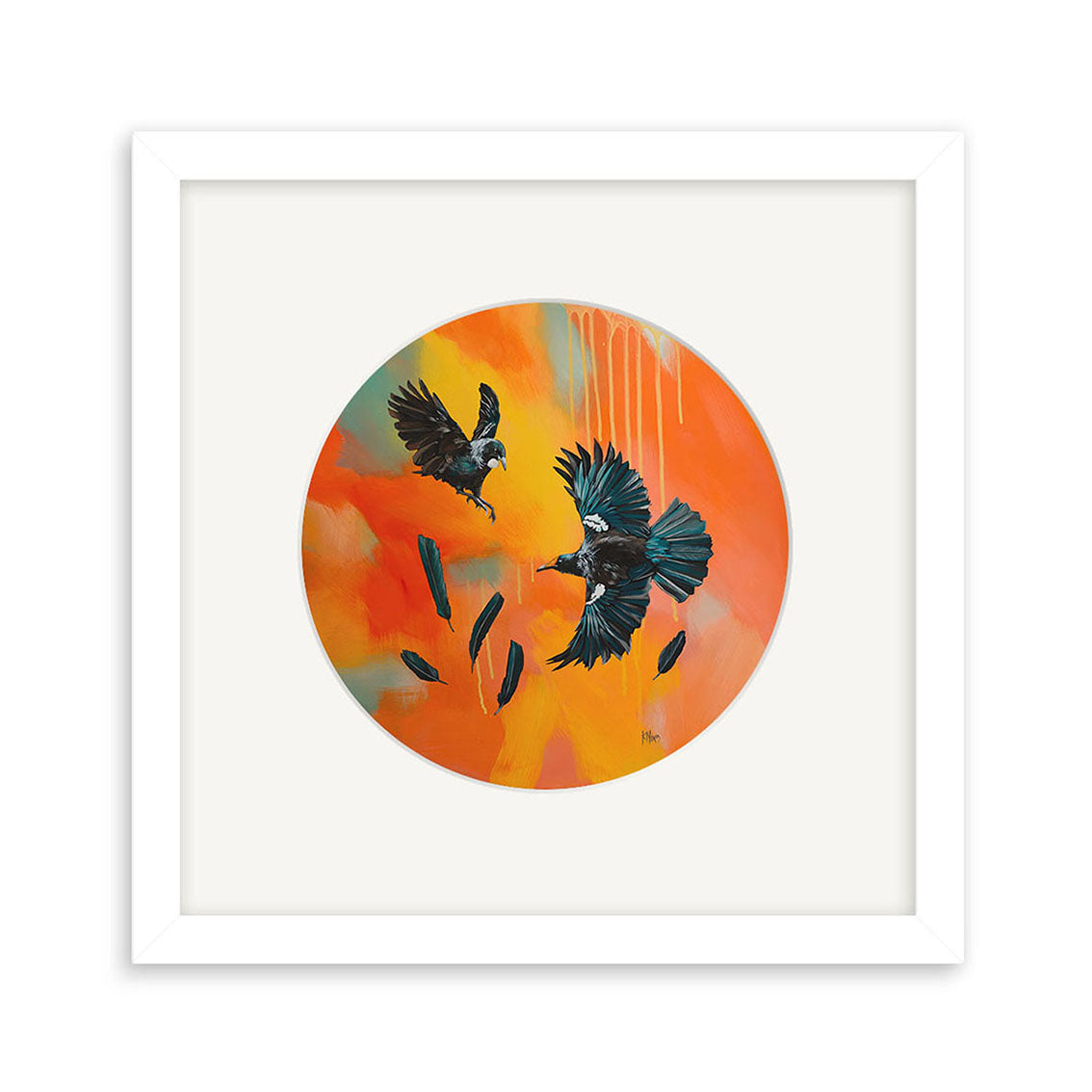 The Kirsty Nixon - High Fliers (Tui) Small Art Print features two black tui birds in flight with scattered feathers on an abstract orange and yellow background. Also available as a framed circular painting by New Zealand artist Kirsty Nixon.