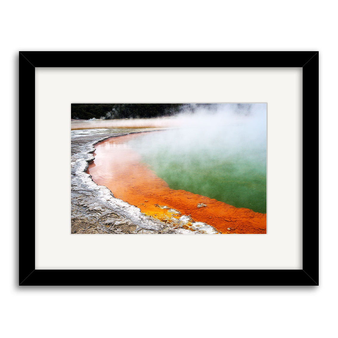 Champagne Pool - RP037: Framed photographic print of a New Zealand hot spring, featuring orange mineral deposits and green steam-covered water. Centered in a white mat with black frame on archival quality matte paper.