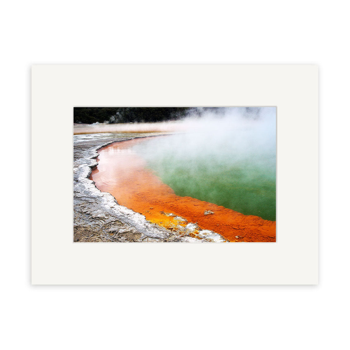 Champagne Pool - RP037 in New Zealand features bright orange mineral deposits next to green water and steam, with rocky terrain and an overcast sky—ideal for bold photographic prints.