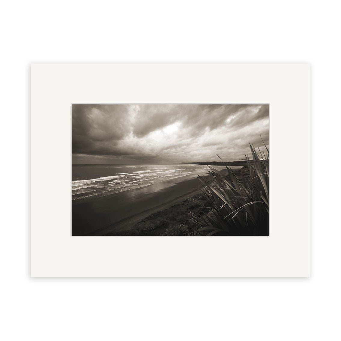 Raglan - RP042: A black-and-white photo of a New Zealand beach featuring waves, dramatic clouds, and tall grasses. This archival matte photographic print is centered in a wide white mat.