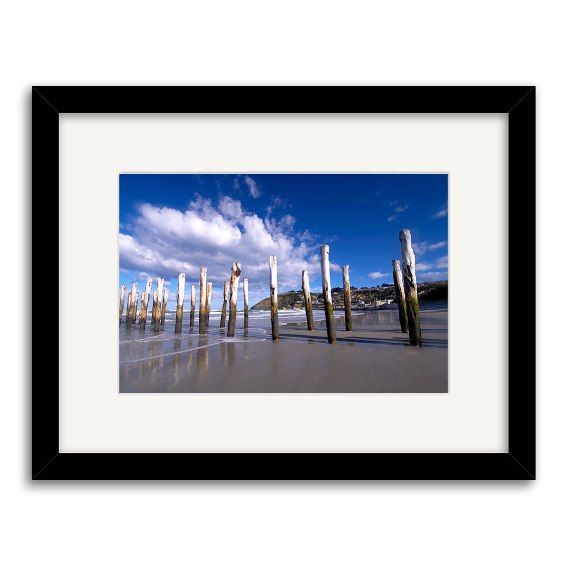 St Clair - Dunedin - RP060: A framed photo of old wooden posts on a New Zealand beach, with blue sky and distant hills. Printed on archival quality matte paper for lasting beauty.