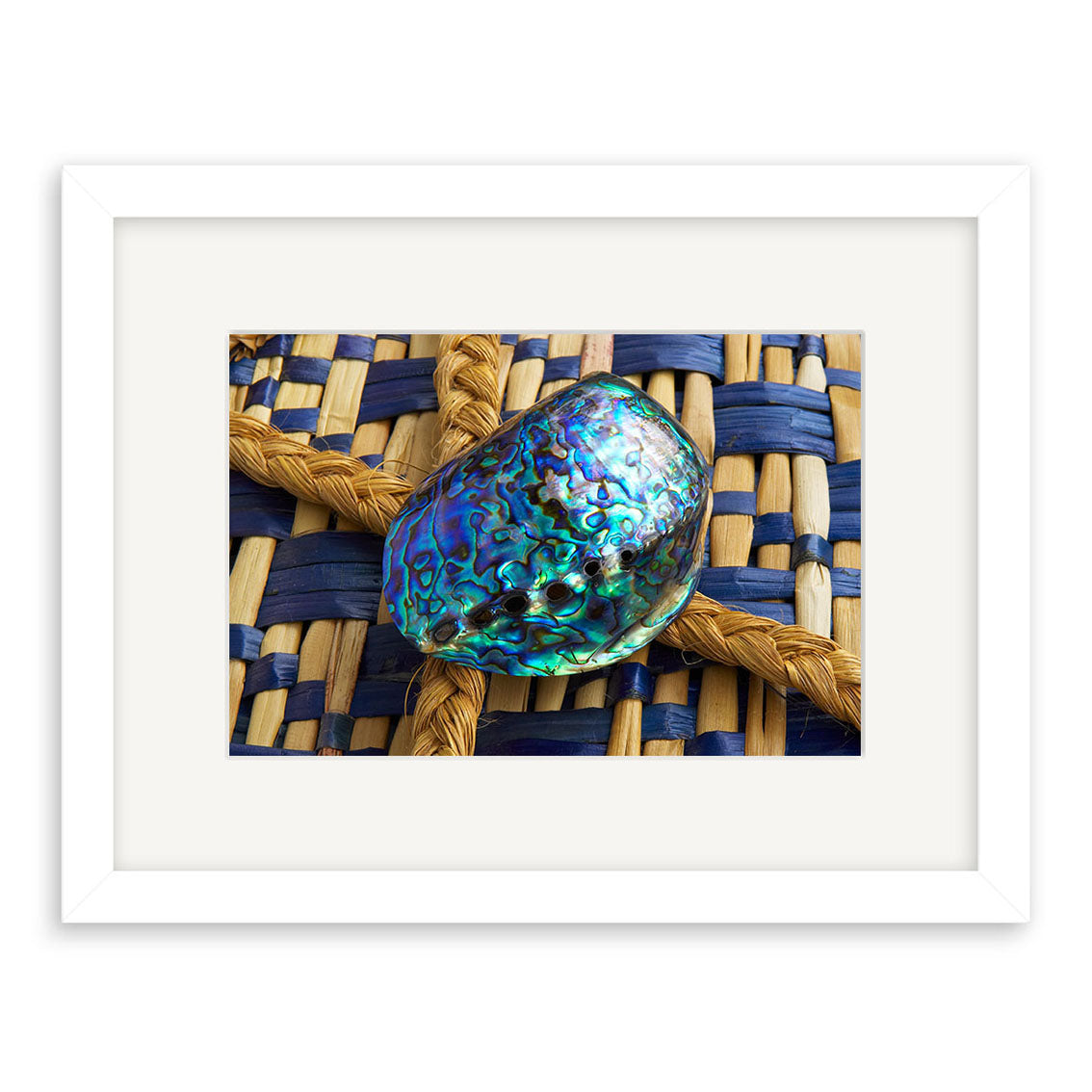 The Paua Shell - RP085 features a polished, iridescent abalone shell from New Zealand on a woven blue and tan mat. The photo print is centered within a white mat and displayed in a simple white frame.