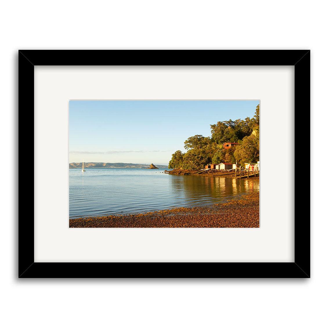Framed photographic print Rocky Bay - RP118 captures a calm New Zealand coastal scene with a pebble beach, tranquil water, and houses nestled among trees along the shoreline beneath a clear sky.
