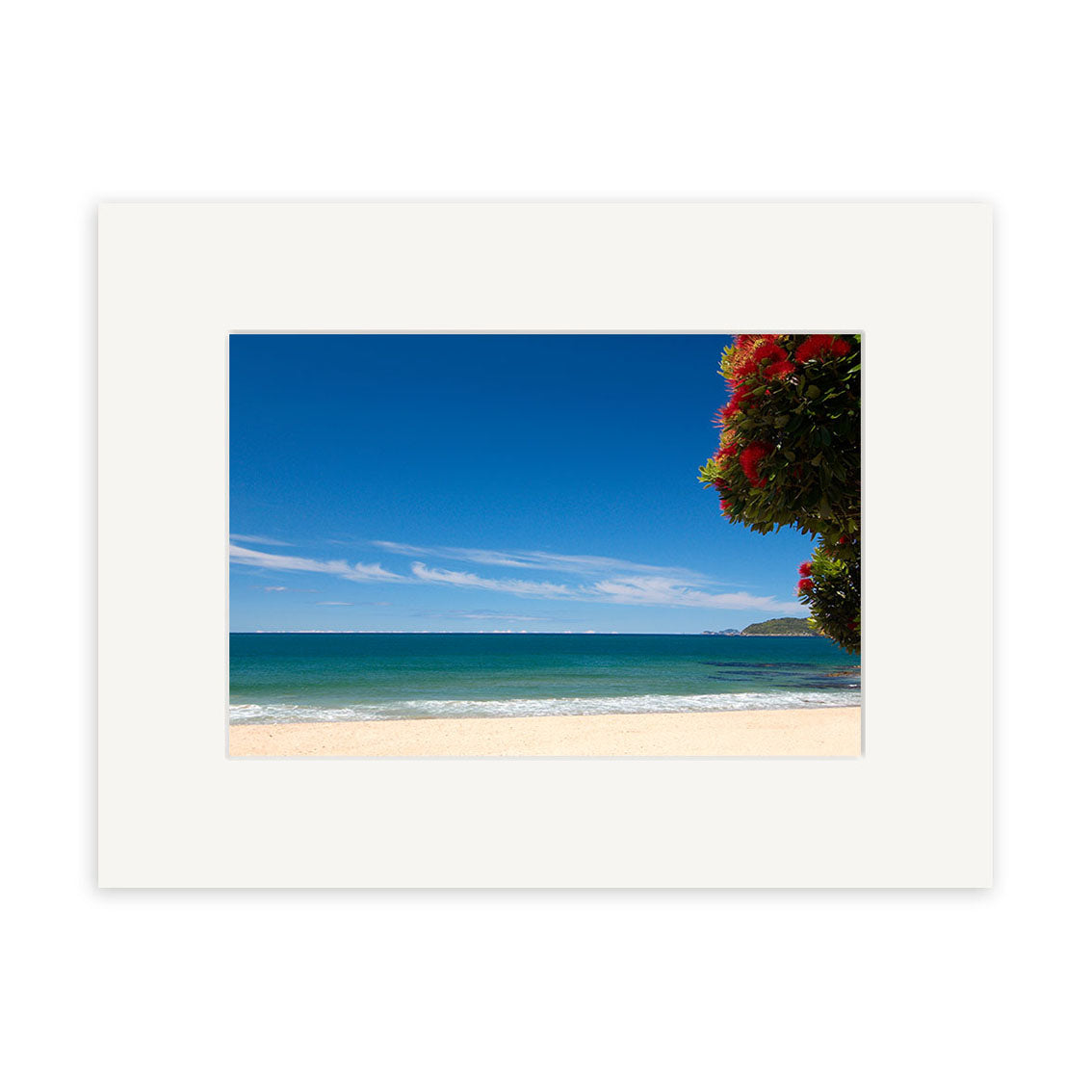 Tairua - RP127: A framed photo of a New Zealand beach with clear sky, turquoise water, white sand, and a red-flowered tree on the right, beautifully reproduced on archival quality paper.
