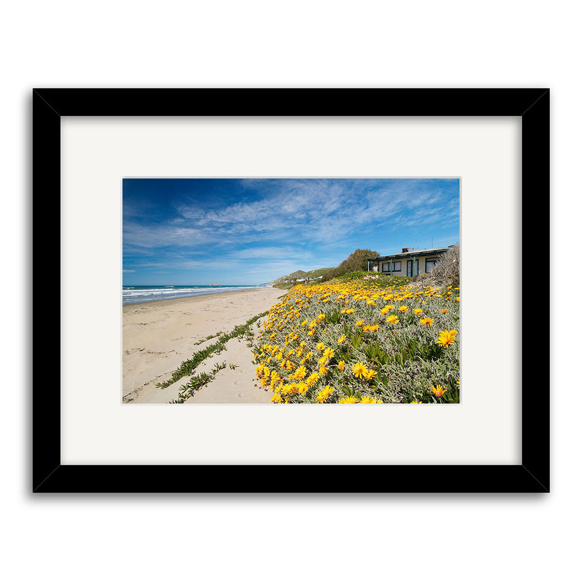 A framed Reuben Price print, Ocean Beach - RP134, features a sandy beach with yellow wildflowers, ocean waves, a blue sky with clouds, and a house amid greenery—one of our premium New Zealand photographic prints.