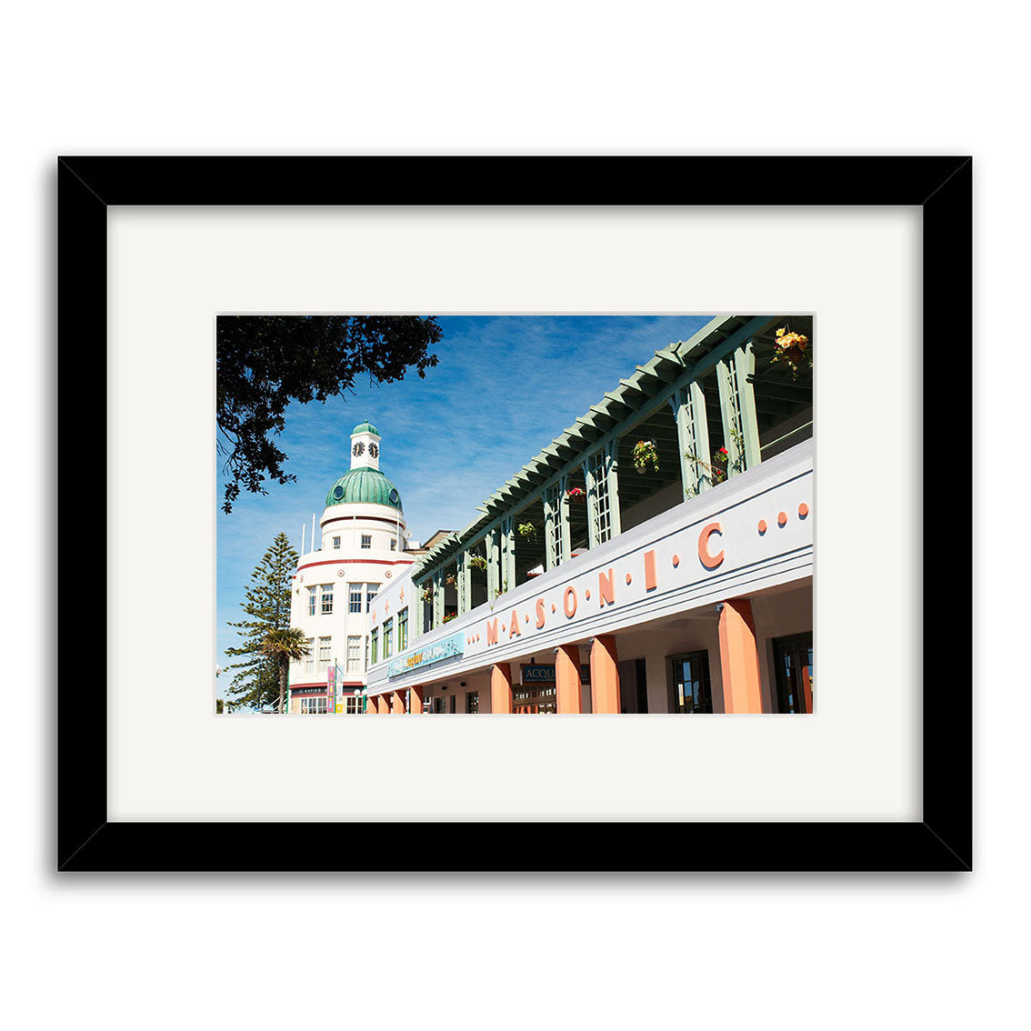 Masonic - RP146: Framed photo of a New Zealand art deco building with green dome, columns, and red MASONIC letters, printed on archival matte paper. Blue sky and trees feature to the left.