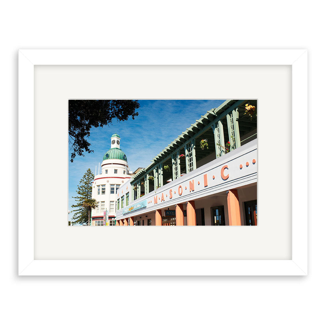 Masonic - RP146: A framed photo of New Zealands Masonic building with Art Deco facade, large MASONIC lettering, and dome beneath a blue sky, printed on archival-quality matte paper.