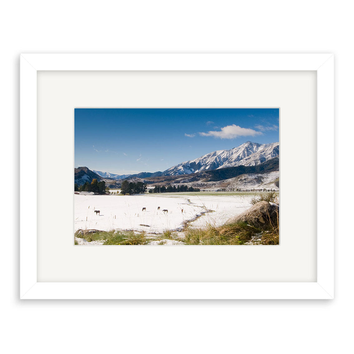 A framed photographic print titled Castle Hill Station - RP150 features snowy New Zealand mountains, grazing deer, and dried grass under a blue sky, printed on archival quality matte paper.