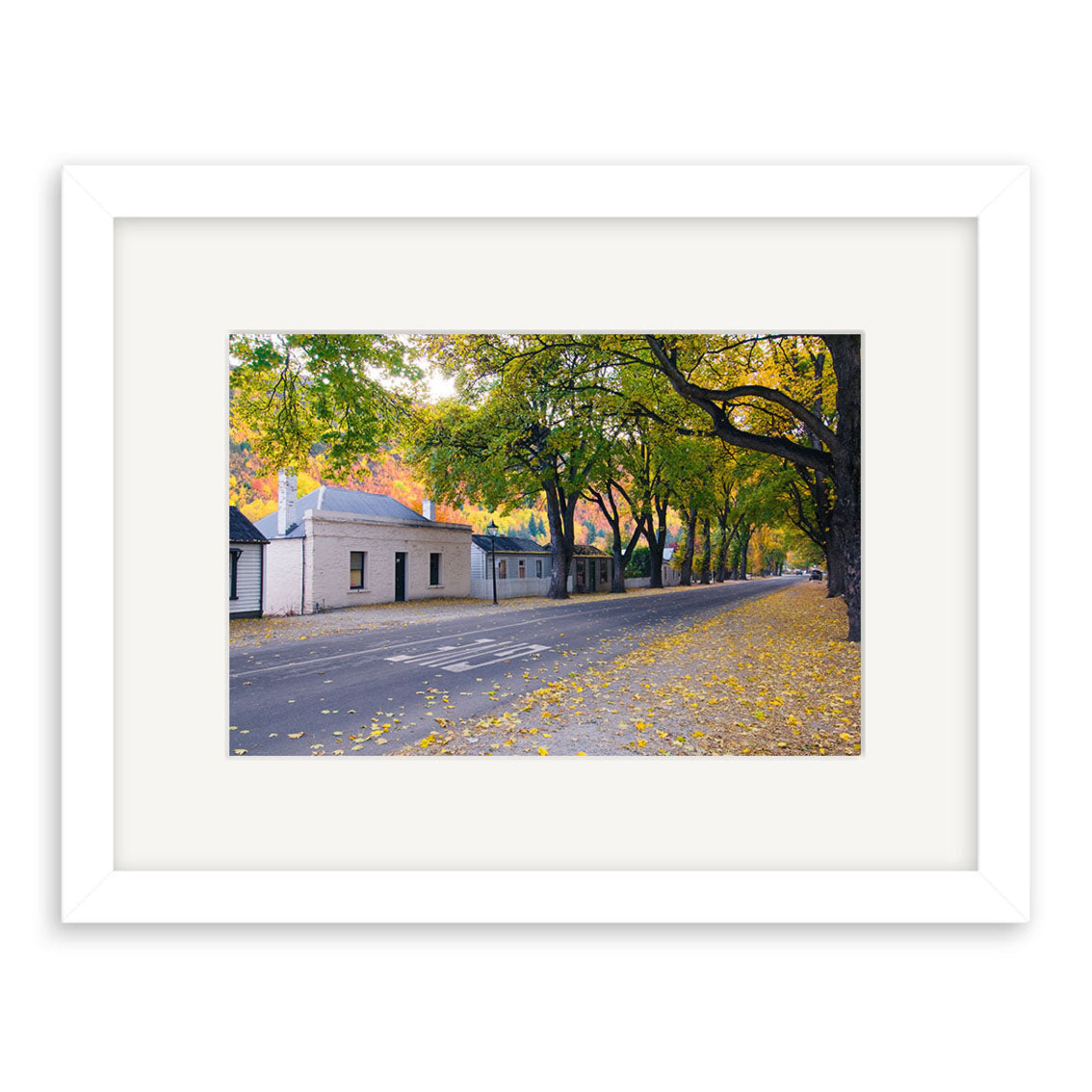 Framed photographic print Arrowtown Street in Autumn - RP161 features a quiet street with yellow leaves, white buildings on the left, and a clear road under a bright sky, printed on archival quality paper.