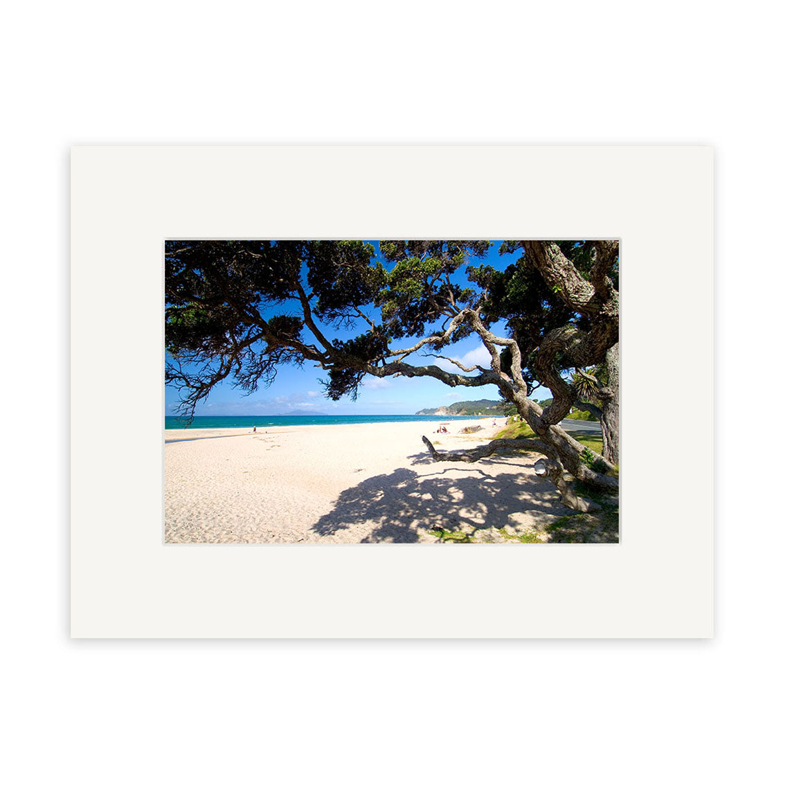 Langs Beach - RP168 features a sandy beach with clear blue sky, ocean, and tree branch shadows on the sand. Distant figures by the water make this a perfect choice for photographic prints or New Zealand art lovers.