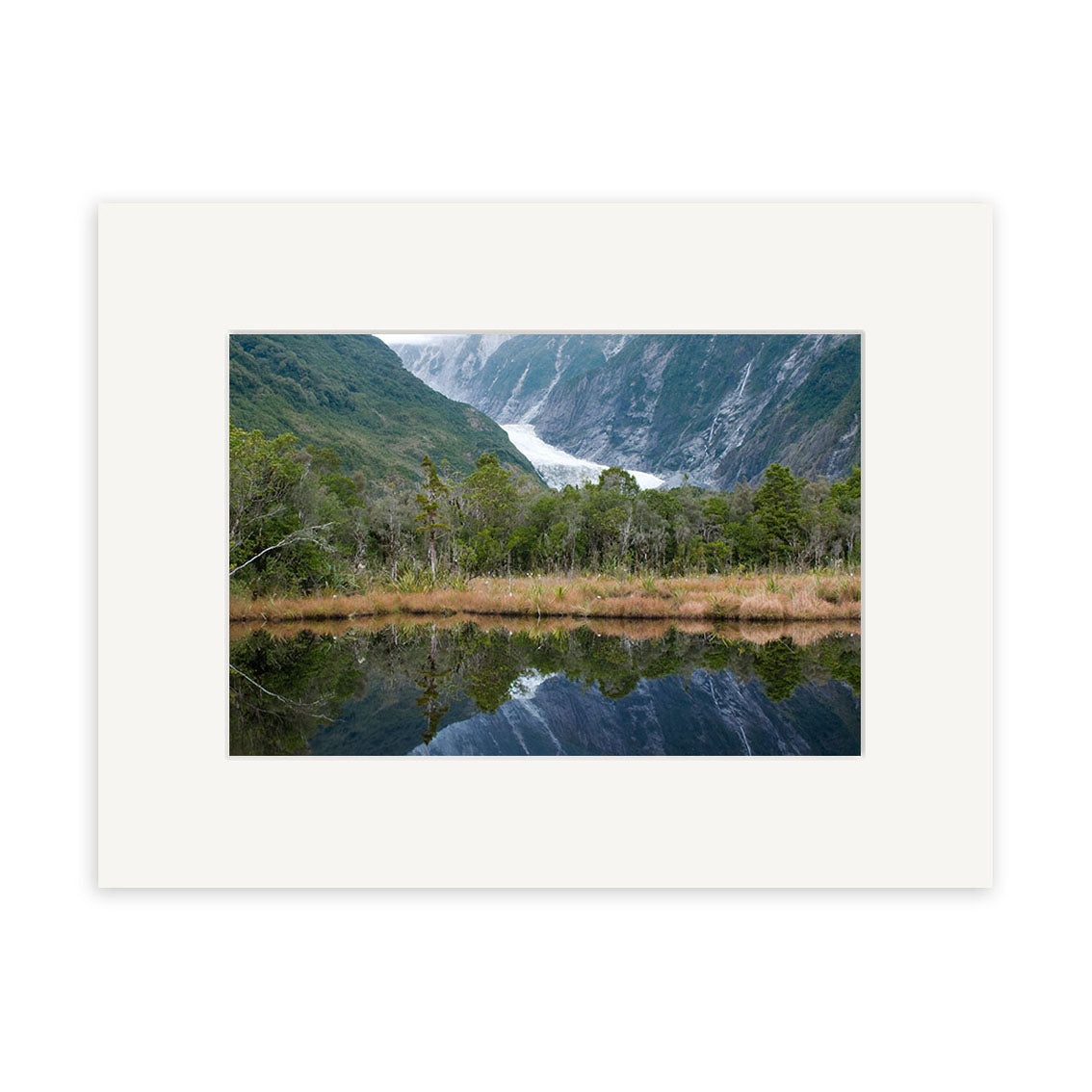 Franz Josef Glacier - RP181: A landscape photo of a glacier between green mountains in New Zealand, with trees and grass reflected in calm water. Printed on archival matte paper, bordered by a white matte frame.
