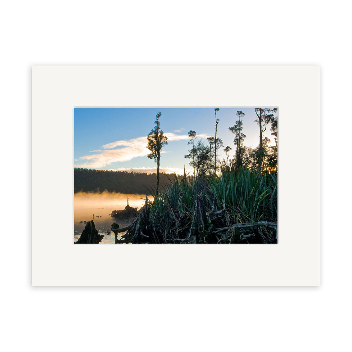 Lake Wahapo - RP182: Tall grasses and trees frame mist rising over calm water at sunrise or sunset in New Zealand, with distant woods beneath a partly cloudy sky—ideal for archival quality matte paper photographic prints.