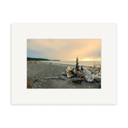 Gillespies Beach Driftwood - RP188: A photo of a rocky New Zealand beach with large driftwood, calm water, and a cloudy sky glowing with golden sunlight. Printed on archival quality paper and bordered by a white mat.