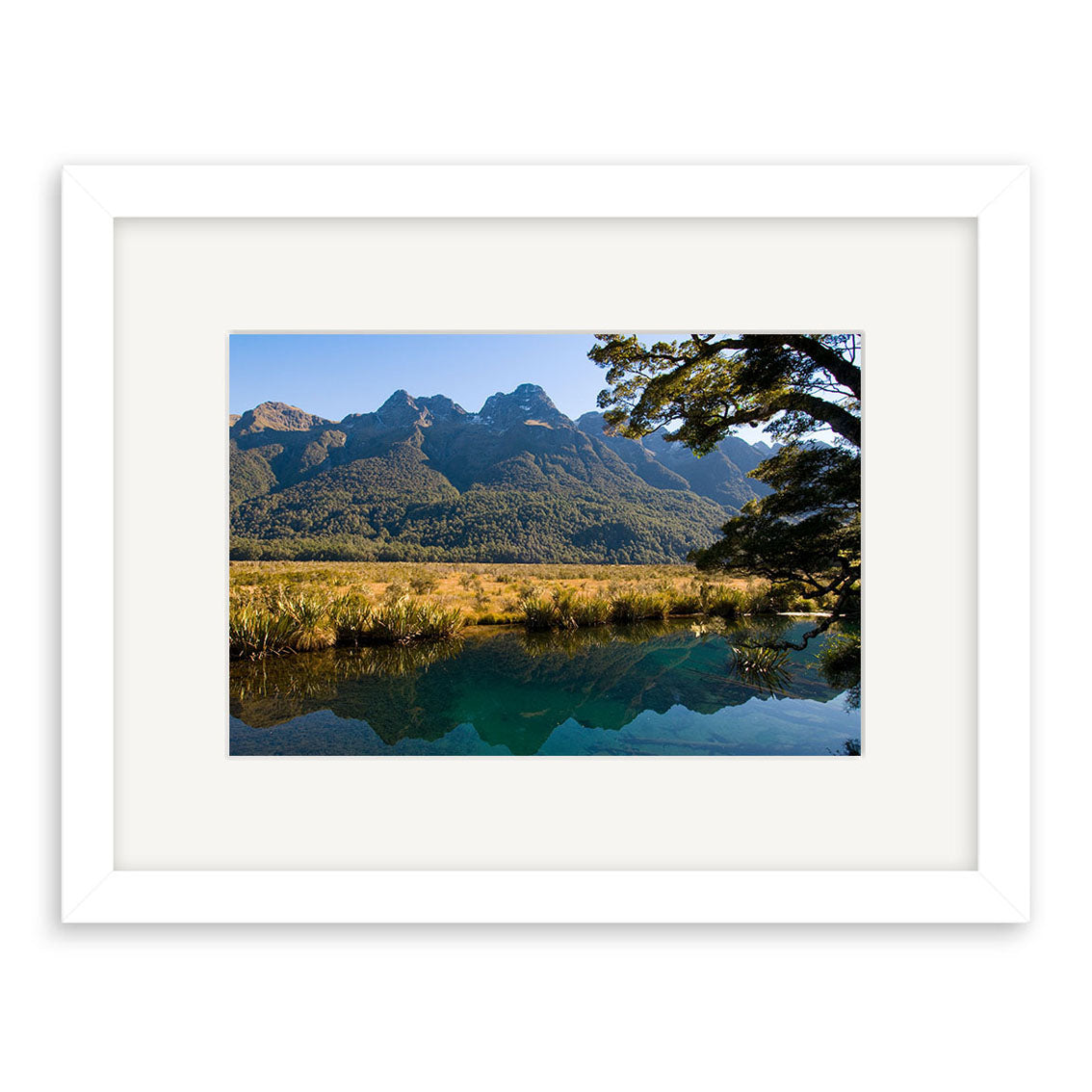 Mirror Lakes - RP190 is a framed landscape photograph by Reuben Price featuring a clear river, grassy banks, tall trees, and distant forested mountains—one of the finest New Zealand photographic prints.