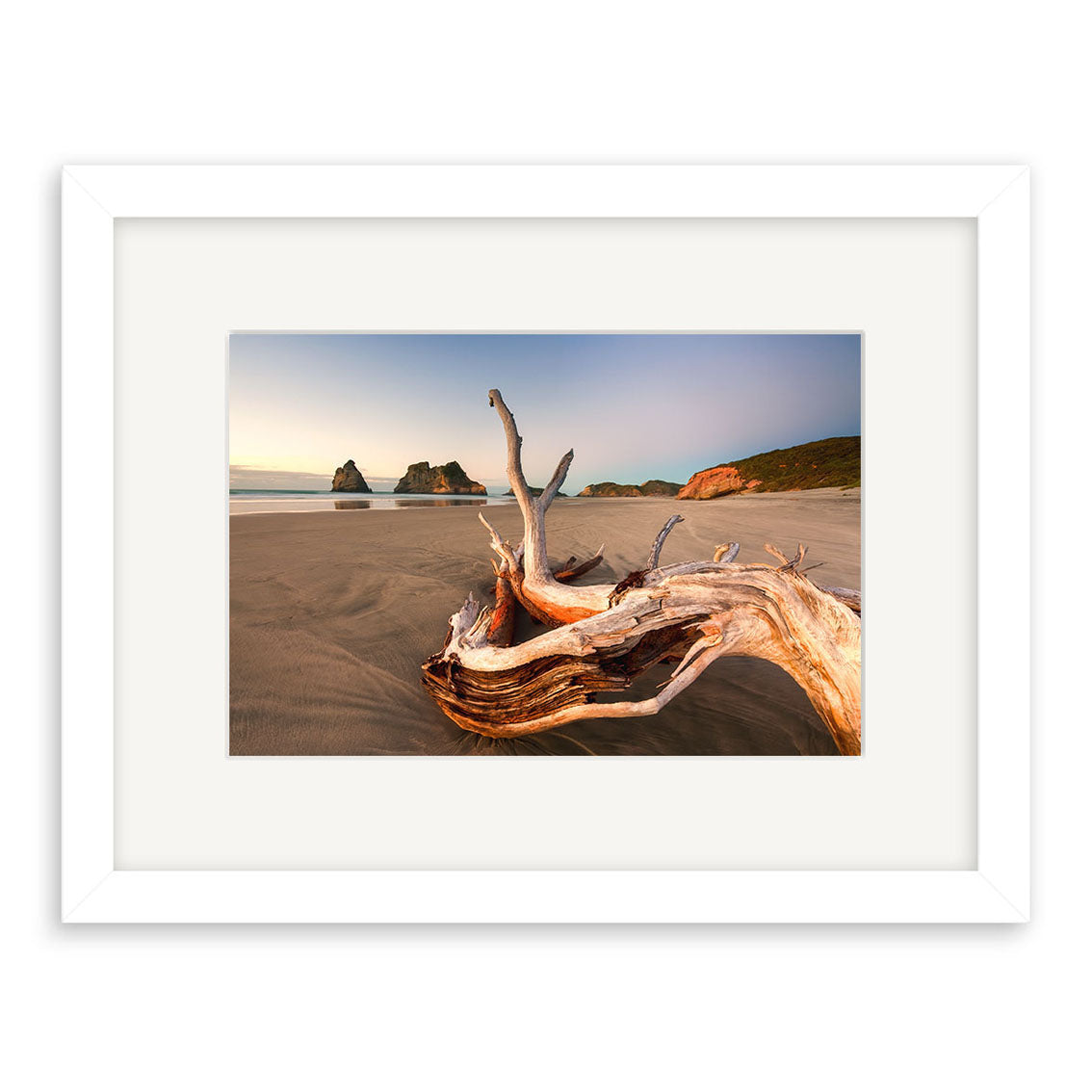 Wharariki 2 - RP219: A framed photographic print of driftwood on a sandy beach with distant cliffs, under a clear sky, printed on archival quality matte paper.