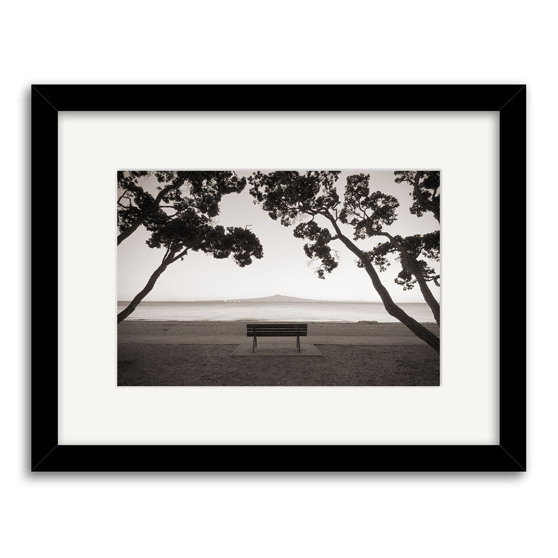 Mission Bay - RP232: Black and white photo of an empty bench facing the sea, framed by two leaning trees with a distant island under New Zealand’s clear sky. Printed on archival matte paper, wide white mat, black frame.