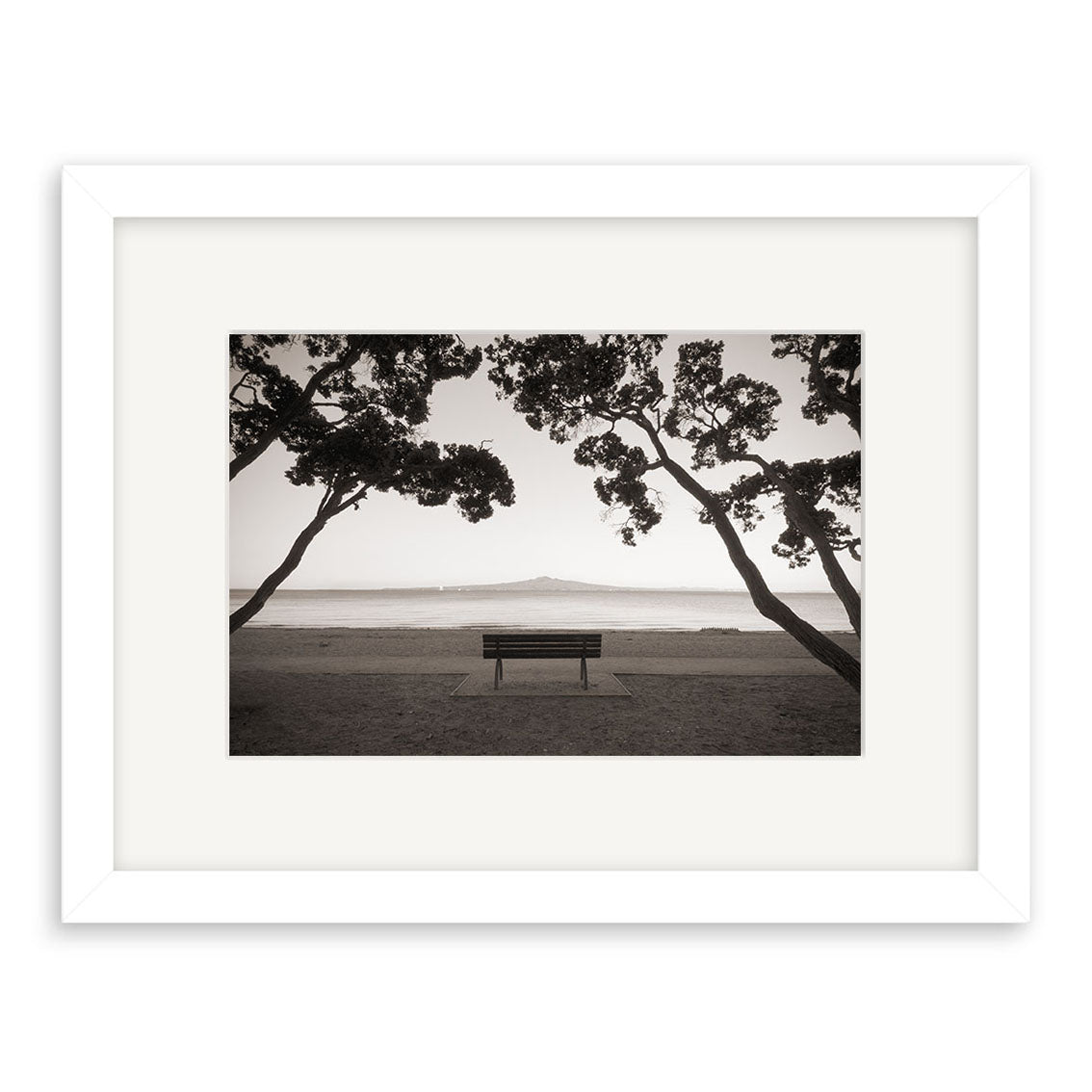 Mission Bay - RP232: Black-and-white photo of an empty bench facing the sea in New Zealand, with distant island and trees. Photographic print on archival-quality matte paper, presented with a white mat and frame.