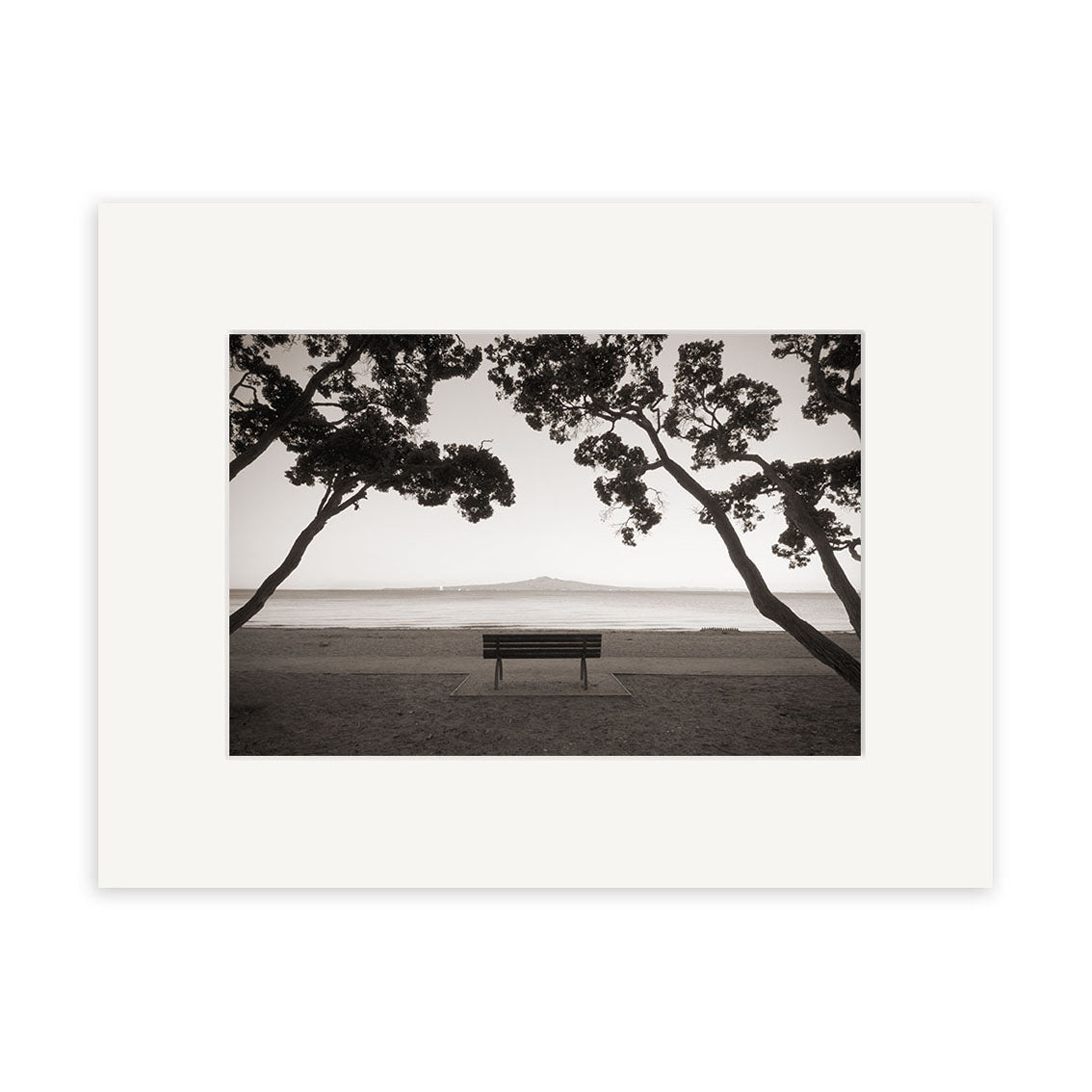 “Mission Bay - RP232” is a black-and-white photo print showing an empty bench facing the ocean, framed by two trees with an island in the distance. Printed on archival matte paper and matted with a white border, it captures New Zealand’s tranquility.