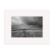 Petone - RP259: Black and white photo of a long wooden pier in New Zealand, with tall grass and cloudy skies. This tranquil scene is available as archival quality matte paper photographic print.