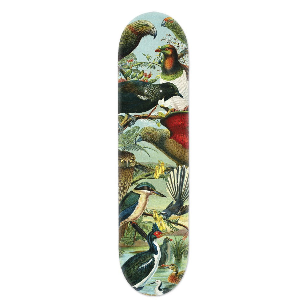 The NZ Native Birds Skateboard Deck is a Canadian maple deck showcasing detailed illustrations of New Zealand’s native birds—owls, parrots, and ducks—amid natural scenery. A unique art piece perfect for both skaters and collectors.