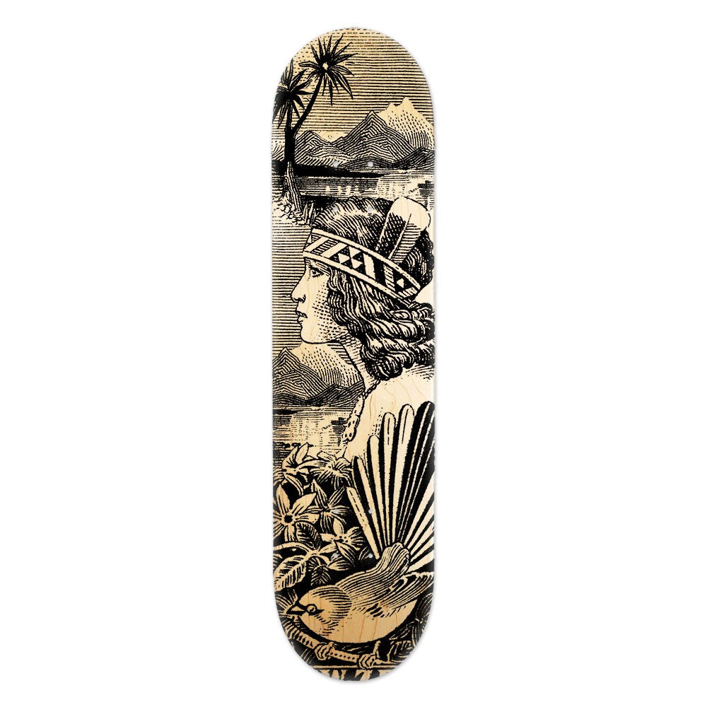 The Wahine Stamp Skateboard Deck showcases a striking black and beige illustration of a woman in traditional attire, a bird with outstretched wings, flowers, mountains, trees, and water on premium Canadian maple.