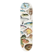 The Fishes of New Zealand Skateboard Deck is a Canadian maple deck showcasing colorful, detailed illustrations of various fish species arranged vertically on a white background—a unique blend of contemporary art and design.