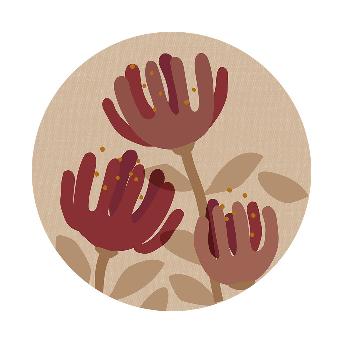 Raw Pohutukawa Art Spot features three stylized maroon flowers with yellow dots on a beige circle, accented by simple brown leaves and stems—a perfect choice for reusable wall art.
