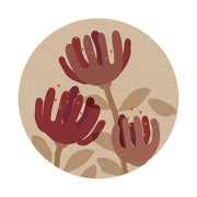 Raw Pohutukawa Art Spot features three stylized maroon flowers with yellow dots on a beige circle, accented by simple brown leaves and stems—a perfect choice for reusable wall art.