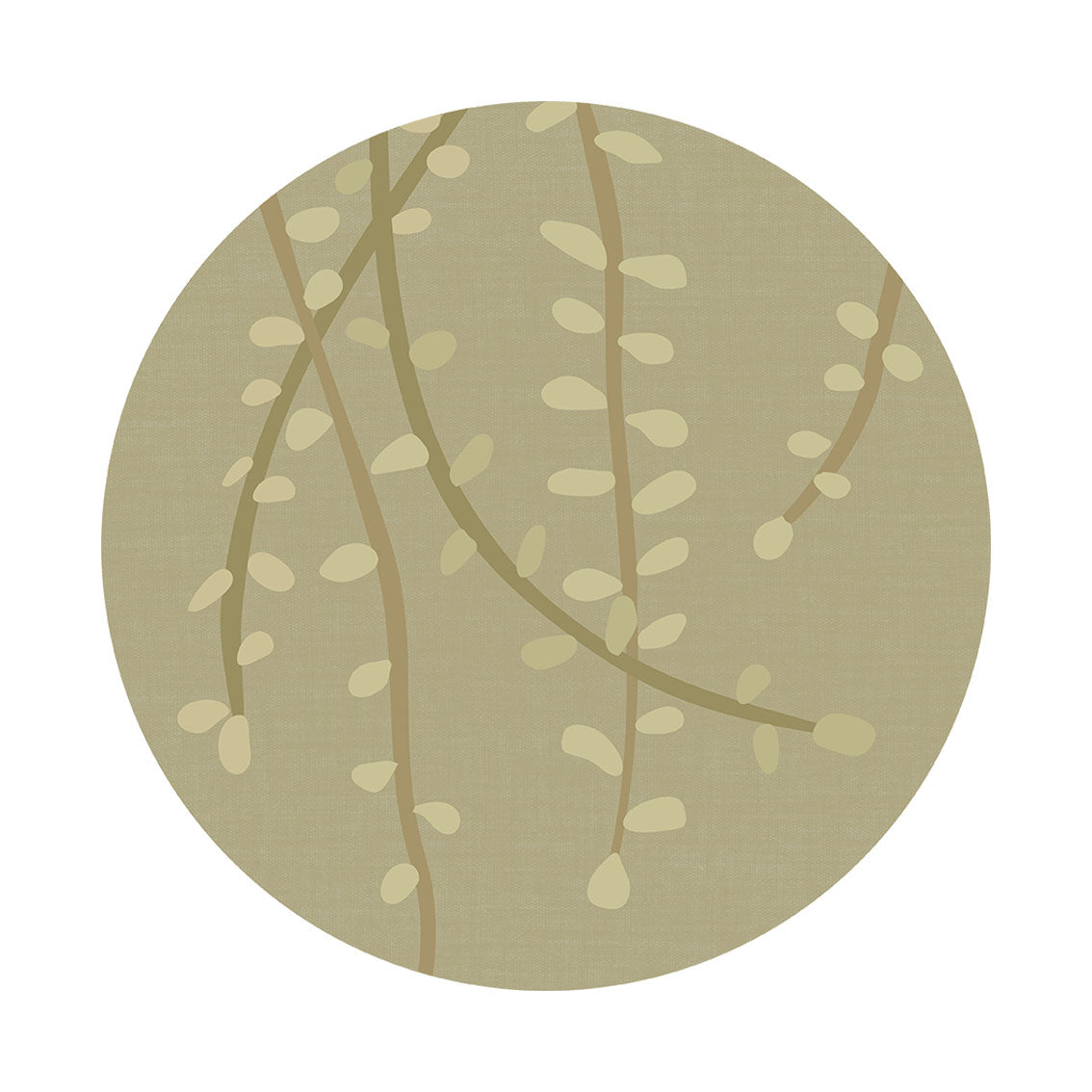 Raw Kowhai Art Spot is a round wall art piece with a simple overlapping branch pattern and oval leaves in beige and tan shades on a plain background, crafted with a matte fabric finish and designed to be reusable.