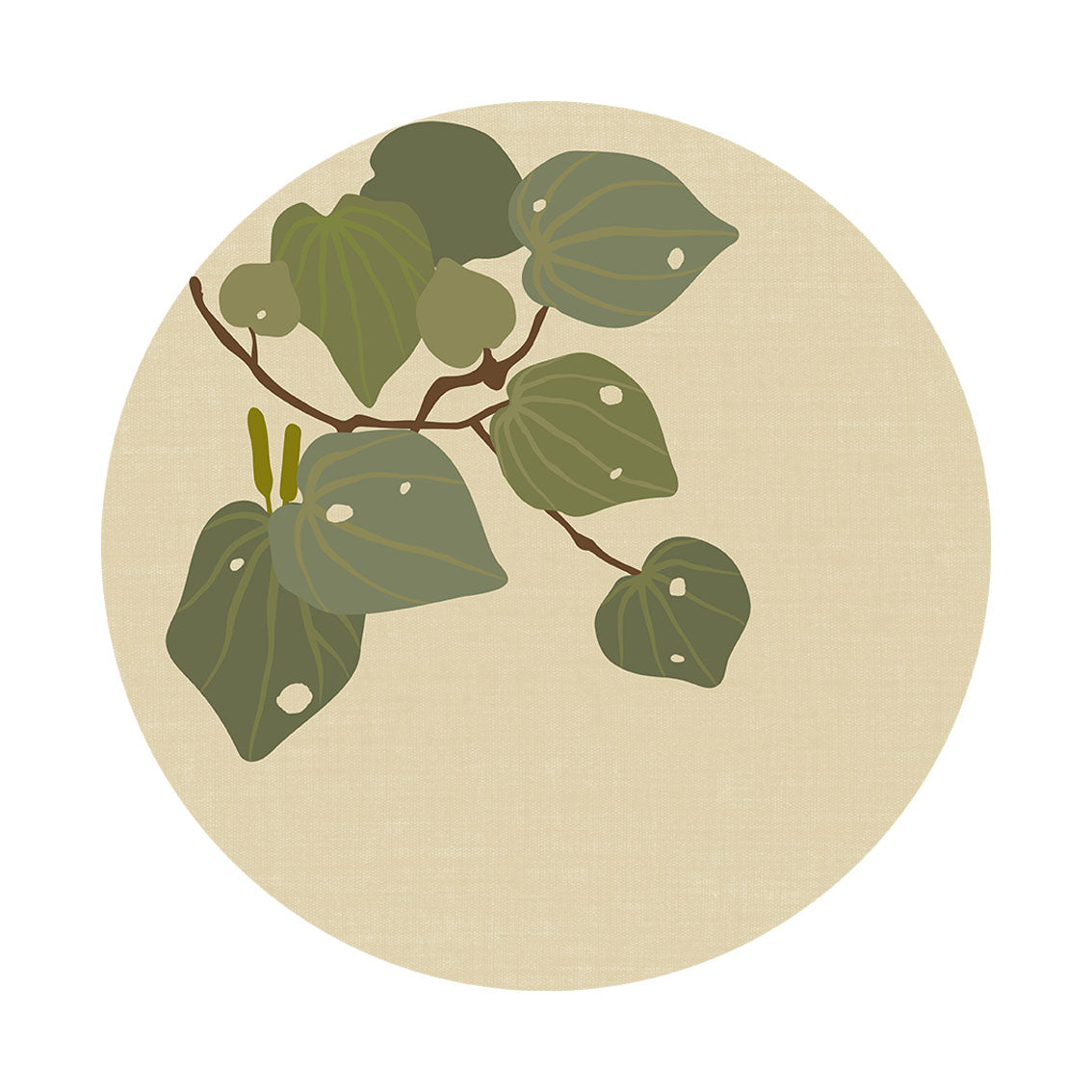 Raw Kawakawa Art Spot features a branch with green, heart-shaped leaves—some with holes—on a circular beige background. This reusable wall art is printed on matte fabric for an elegant, easily repositionable display.