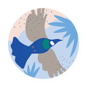 Cut-out Tui Art Spot features a tui bird with blue and brown feathers flying over an abstract blue and pink background, accented with dots inside a circular frame, printed as reusable wall art on smooth matte fabric.