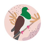 The Cut-out Kereru Art Spot features a bird with a green head, white belly, and brown wings on a branch, surrounded by abstract shapes in a circular frame—printed as reusable matte fabric wall art.