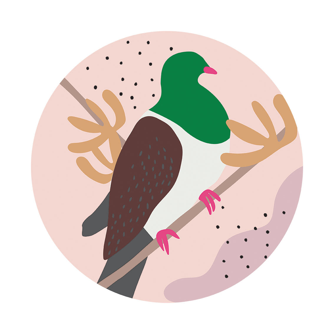 The Cut-out Kereru Art Spot features a bird with a green head, white belly, and brown wings on a branch, surrounded by abstract shapes in a circular frame—printed as reusable matte fabric wall art.