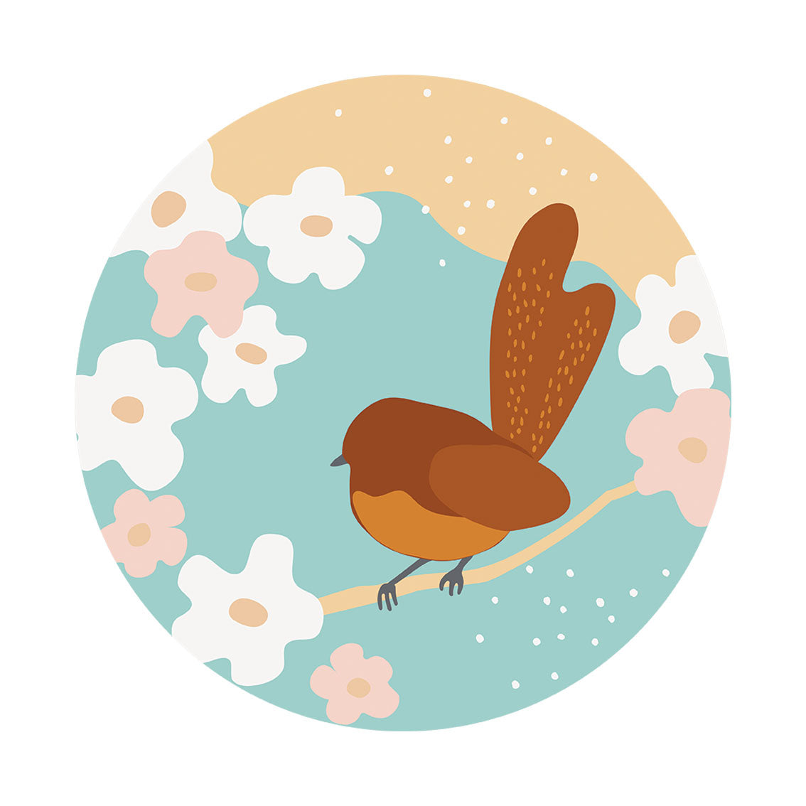 The Cut-out Fantail Art Spot features a brown bird with an orange belly on a branch among white and pink flowers, set against a pastel blue and beige circular background. Printed on matte fabric for reusable, stunning wall decor.