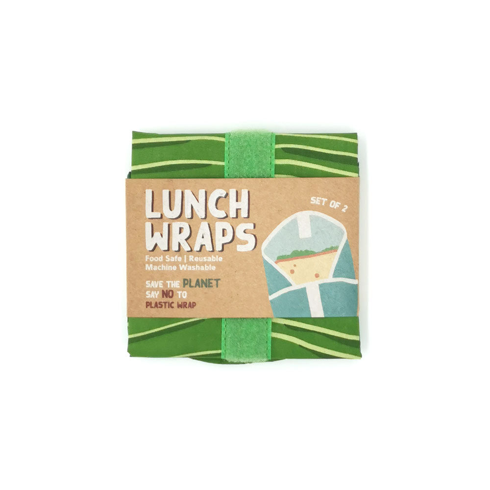 The Leaves Lunch Wrap set includes two green reusable wraps in a cardboard sleeve. Food-safe certified and machine washable, these wraps help reduce plastic use for a more eco-friendly lunch experience.