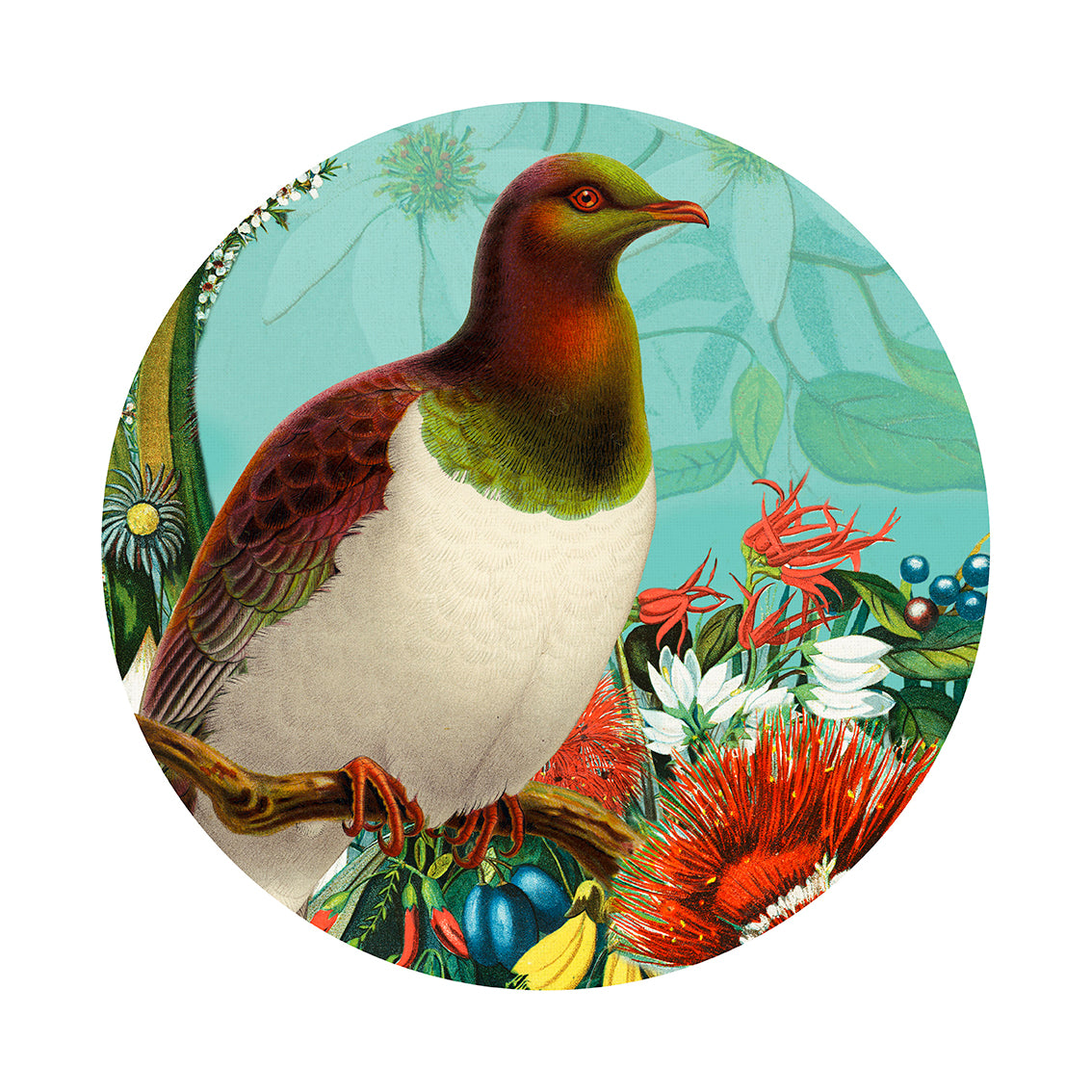 The Botanical Kereru Art Spot features a green-headed bird with a white belly and reddish-brown wings perched among colorful flowers on a light blue background—easy to decorate with its repositionable, reusable adhesive.