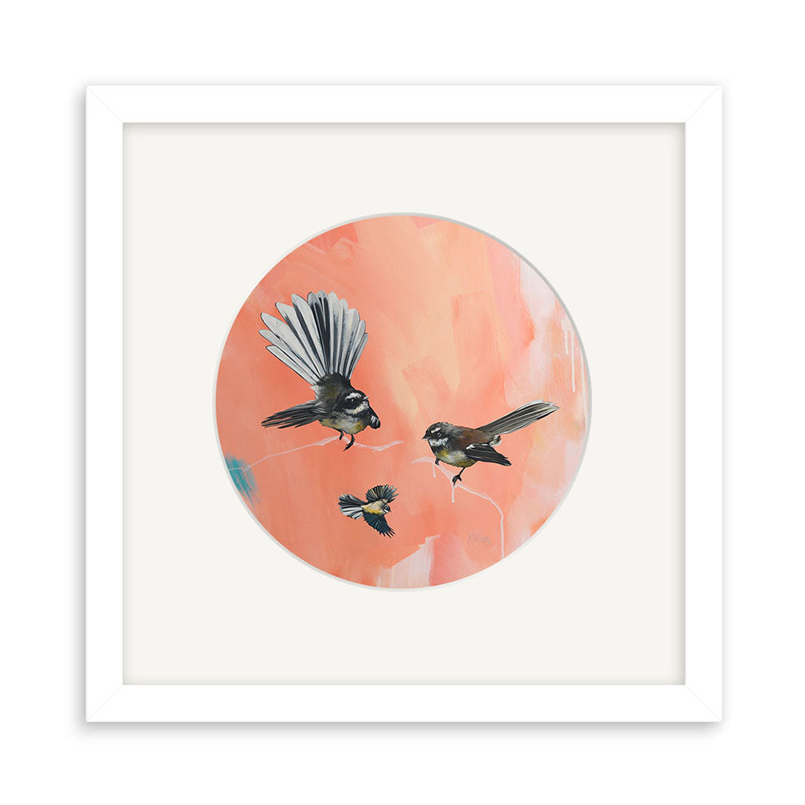 Kirsty Nixon - In The Pink (Fantails) Small Art Print features three small birds in flight with black, white, and gray feathers set against a circular peach-toned background—an elegant example of New Zealand artist prints.