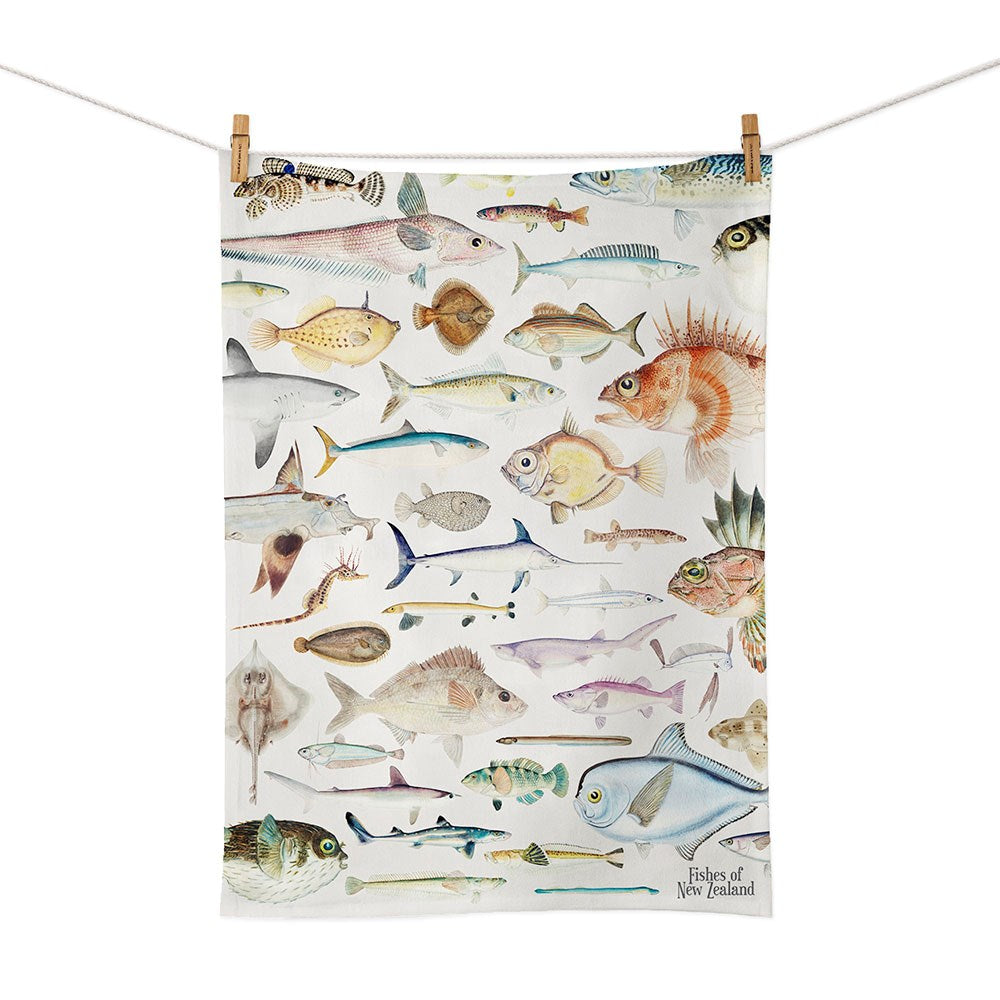 The Fishes of New Zealand Tea Towel is a cotton tea towel featuring detailed illustrations of various fish species, with Fishes of New Zealand labeled in the bottom right corner.