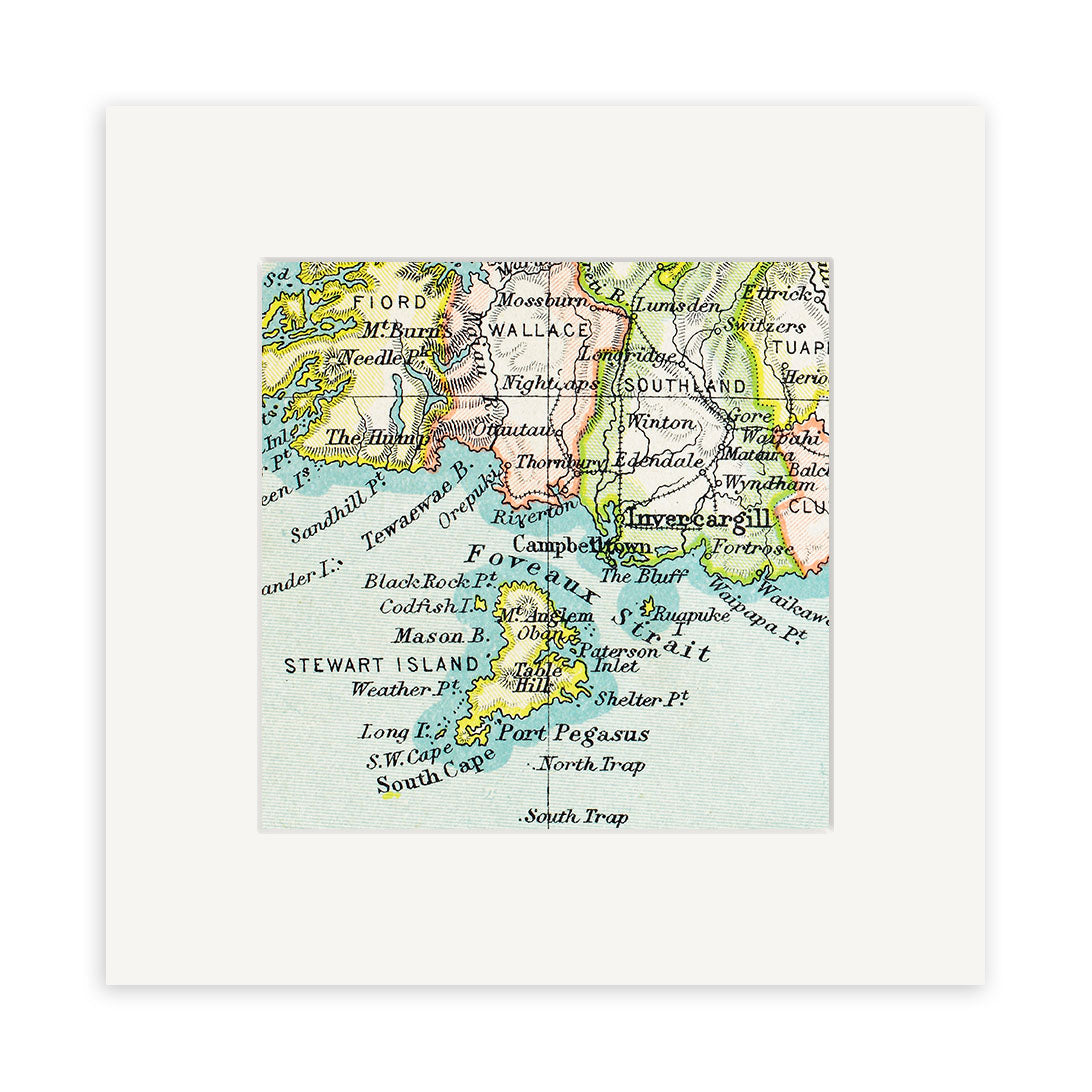 The Stewart Island Vintage Map Print depicts southern New Zealand, including Fiordland, Invercargill, and surrounding waters, with labeled geographic features and towns in a classic lithograph style.