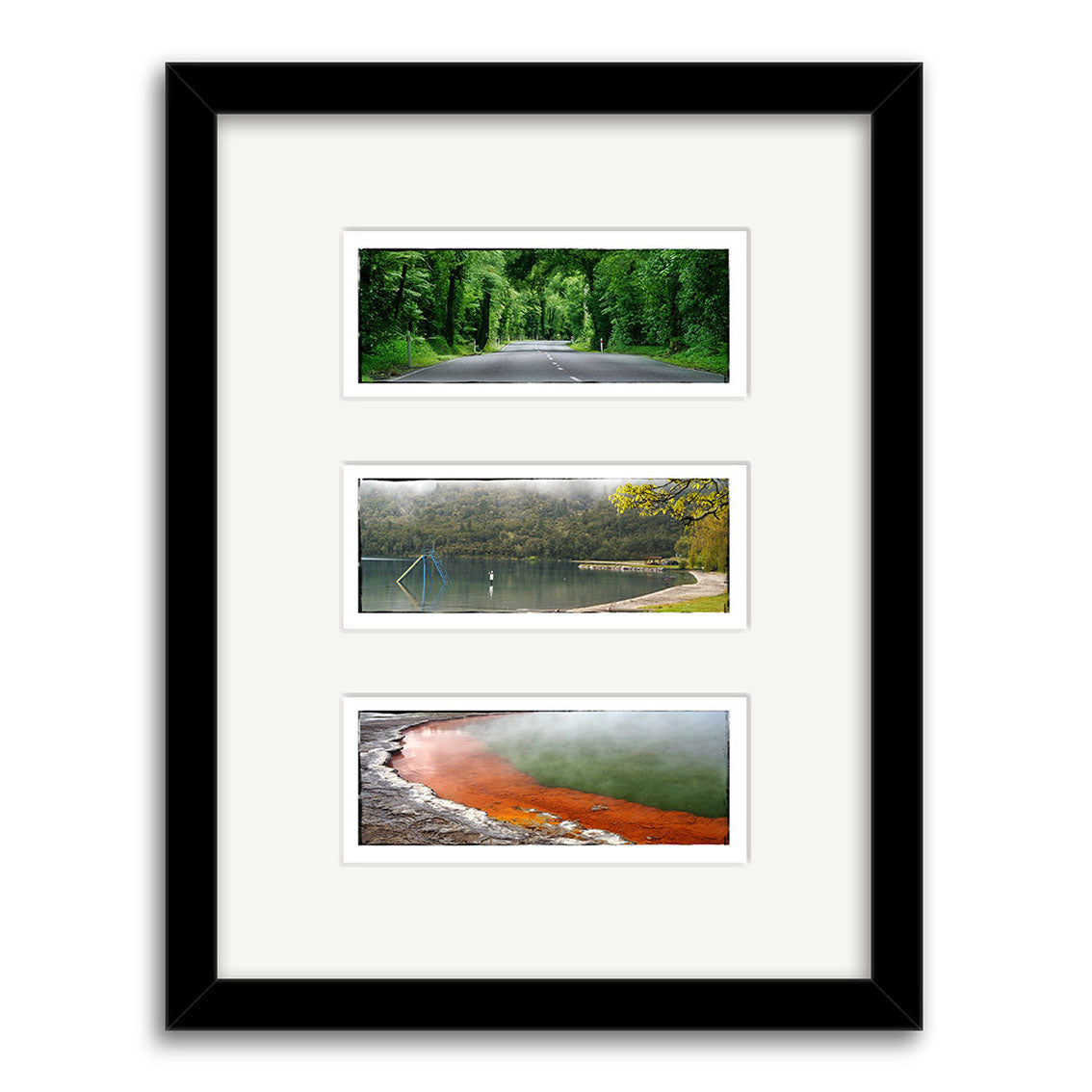 The Rotorua Triptych - RP038 features a black-framed set of three archival matte prints: a tree-lined road, a misty lakeside, and an orange-edged geothermal pool—photographed in New Zealand.