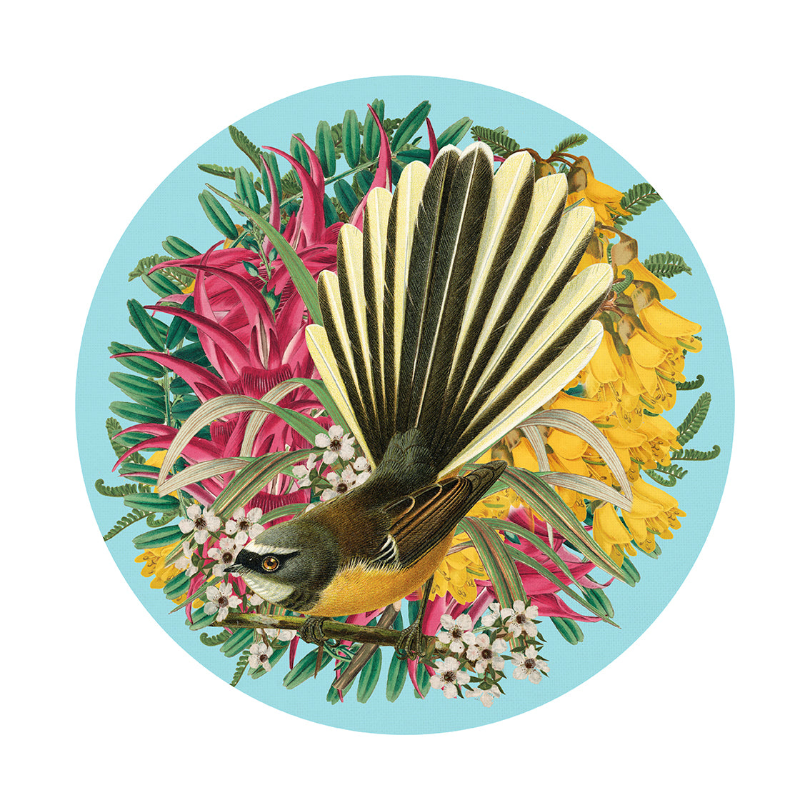 The Botanical Fantail Art Spot showcases a bird with a fanned tail among yellow, pink, and white flowers on green foliage against a light blue circle. This repositionable wall art features a matte fabric finish for easy, stylish decorating.