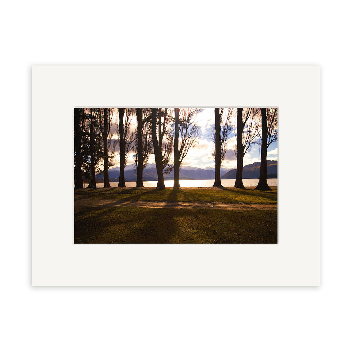The Lake Wanaka - RP067 photographic print by Reuben Price features tall, leafless trees casting shadows on grass, with a lake and mountains behind, under a partly cloudy sky. Presented with a white mat, it captures New Zealand’s serene beauty.