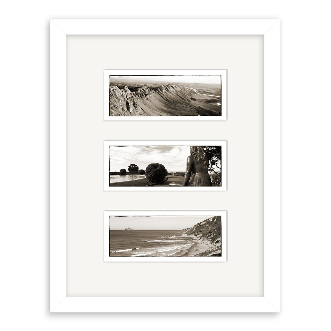 The Hawkes Bay Triptych - RP135 features three sepia-toned photographic prints—a New Zealand mountain range, a garden with statue, and coastal cliffs—vertically arranged in a white frame on archival matte paper.