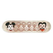The Dick Frizzell - Mickey to Tiki Skateboard Deck features overlapping cartoon faces—a cheerful mouse and a surprised dog—outlined in brown on a Canadian maple deck with a light wood background.