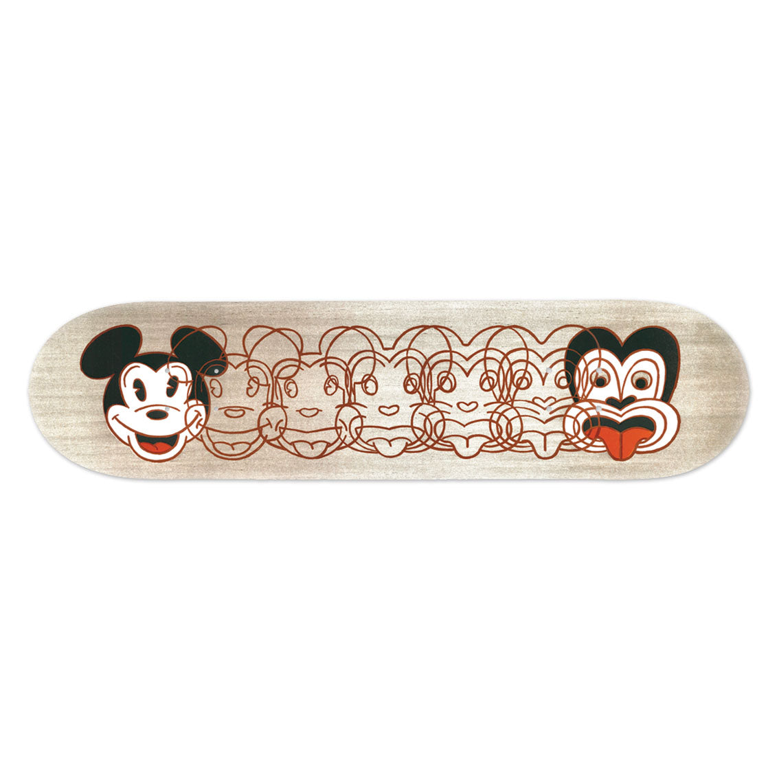 The Dick Frizzell - Mickey to Tiki Skateboard Deck features overlapping cartoon faces—a cheerful mouse and a surprised dog—outlined in brown on a Canadian maple deck with a light wood background.