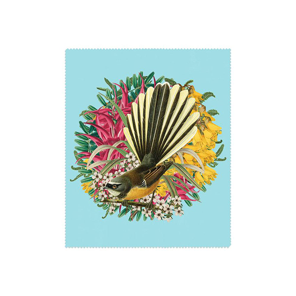 A bird with a fanned tail perches among pink, yellow, and white blossoms on a light blue background—part of our Set of 3 Botanical Collection Lens Cloths featuring unique New Zealand designs.
