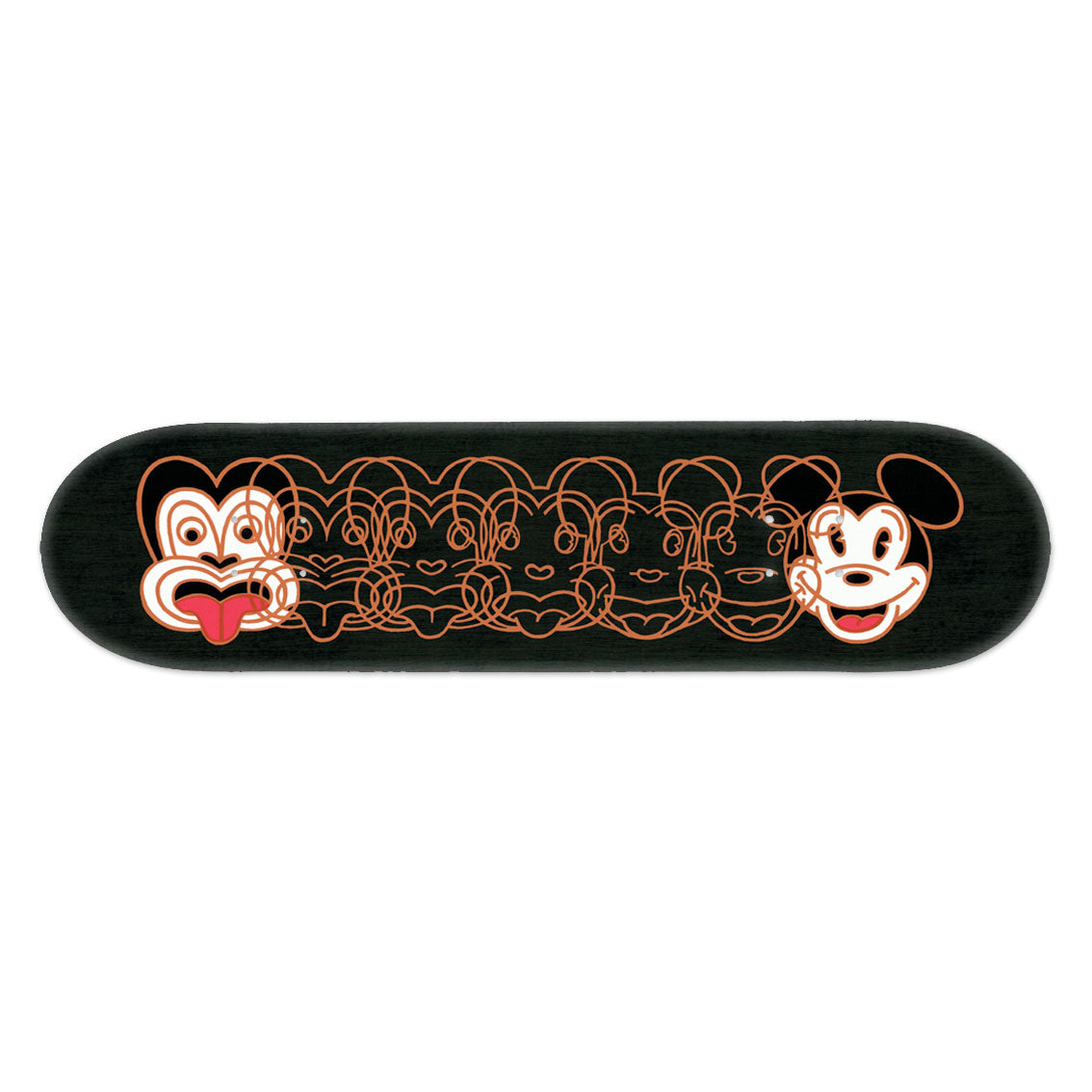 The Dick Frizzell - Mickey to Tiki (Reversed) Skateboard Deck is a Canadian maple deck with a black background and bold orange line art, blending a Māori mask with a cartoon mouse in striking contemporary style.