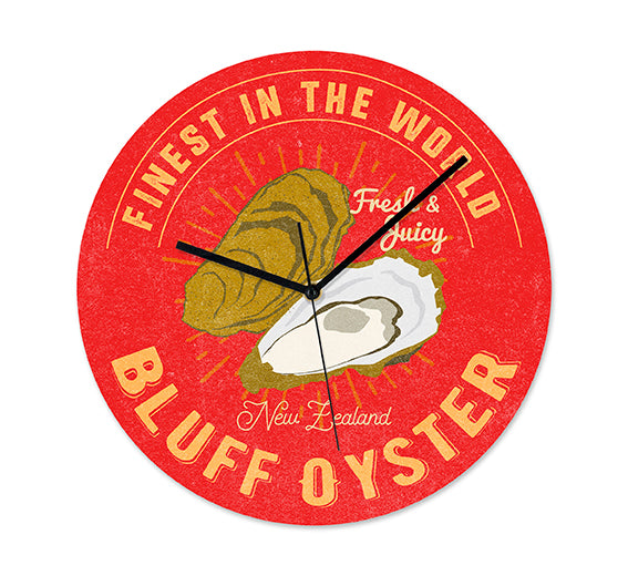 The NZ Seafood Oysters Frameless Clock is a round red wall clock with opened and closed oysters, yellow and white Finest in the World Bluff Oyster and Fresh & Juicy New Zealand text, plus silent movement for quiet operation.