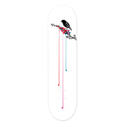 The Shane Hansen - Pitoitoi Skateboard Deck features a Canadian maple deck with a black bird on a branch and colorful flowers, accented by red, pink, and blue paint drips for a bold contemporary art look.