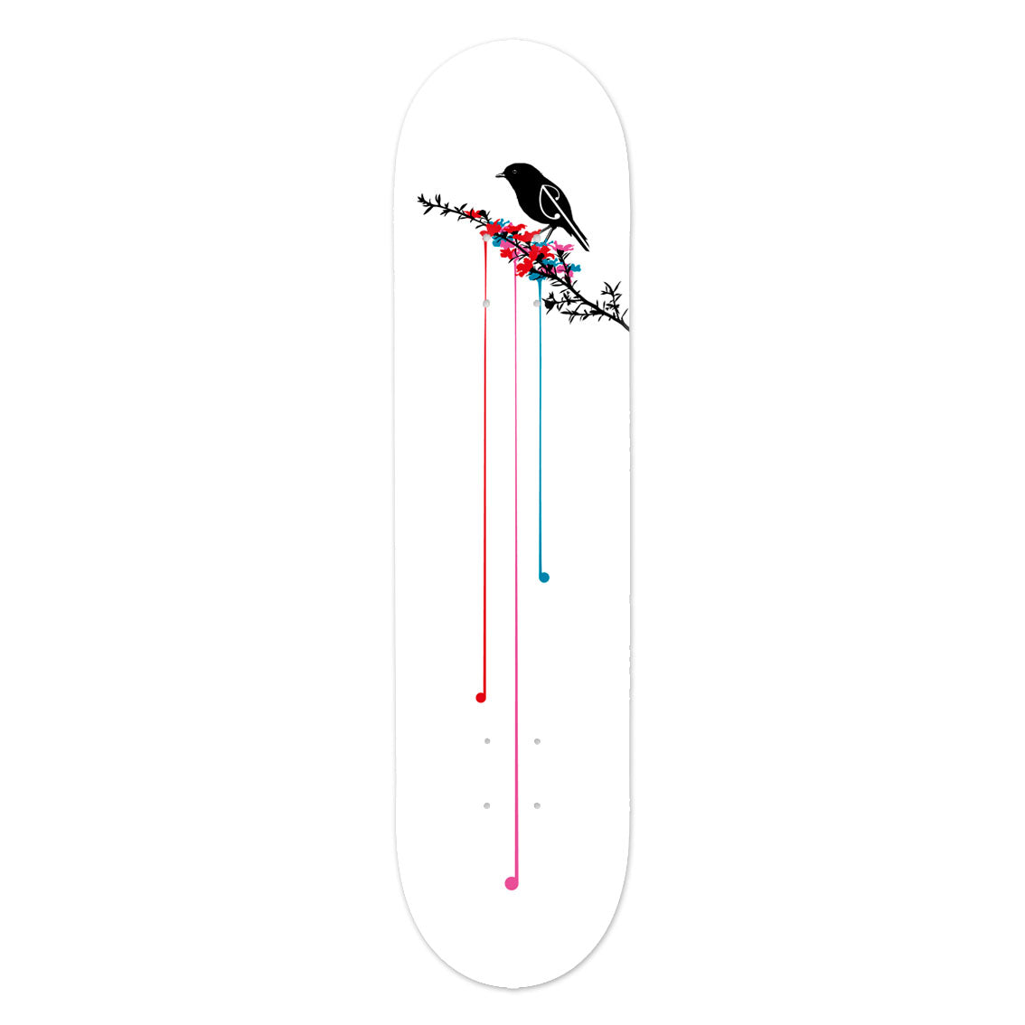 The Shane Hansen - Pitoitoi Skateboard Deck features a Canadian maple deck with a black bird on a branch and colorful flowers, accented by red, pink, and blue paint drips for a bold contemporary art look.